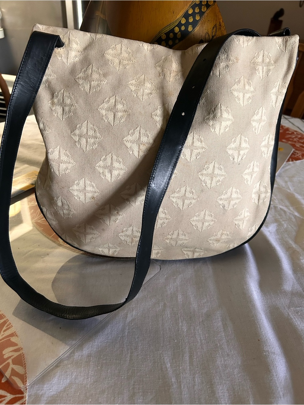 Bottega Veneta Beige Fabric Shoulder Bag with Black Trim